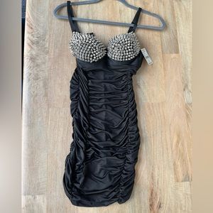 Black Ruched Spiked Mini Dress - NWT